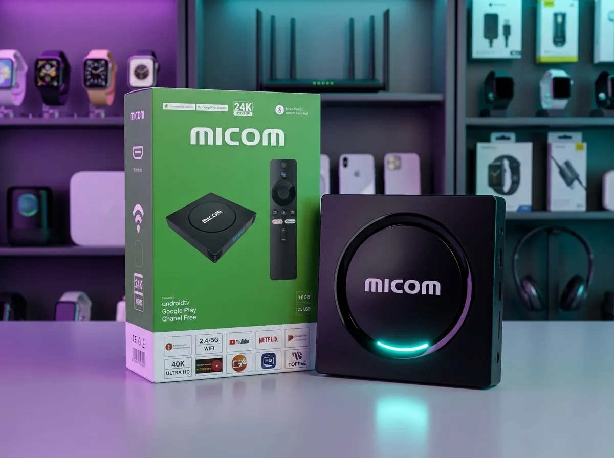 Micom Android 15 TV Box with Bluetooth Voice Remote, 24K 12K HDR Ultra HD Support & G31 GPU