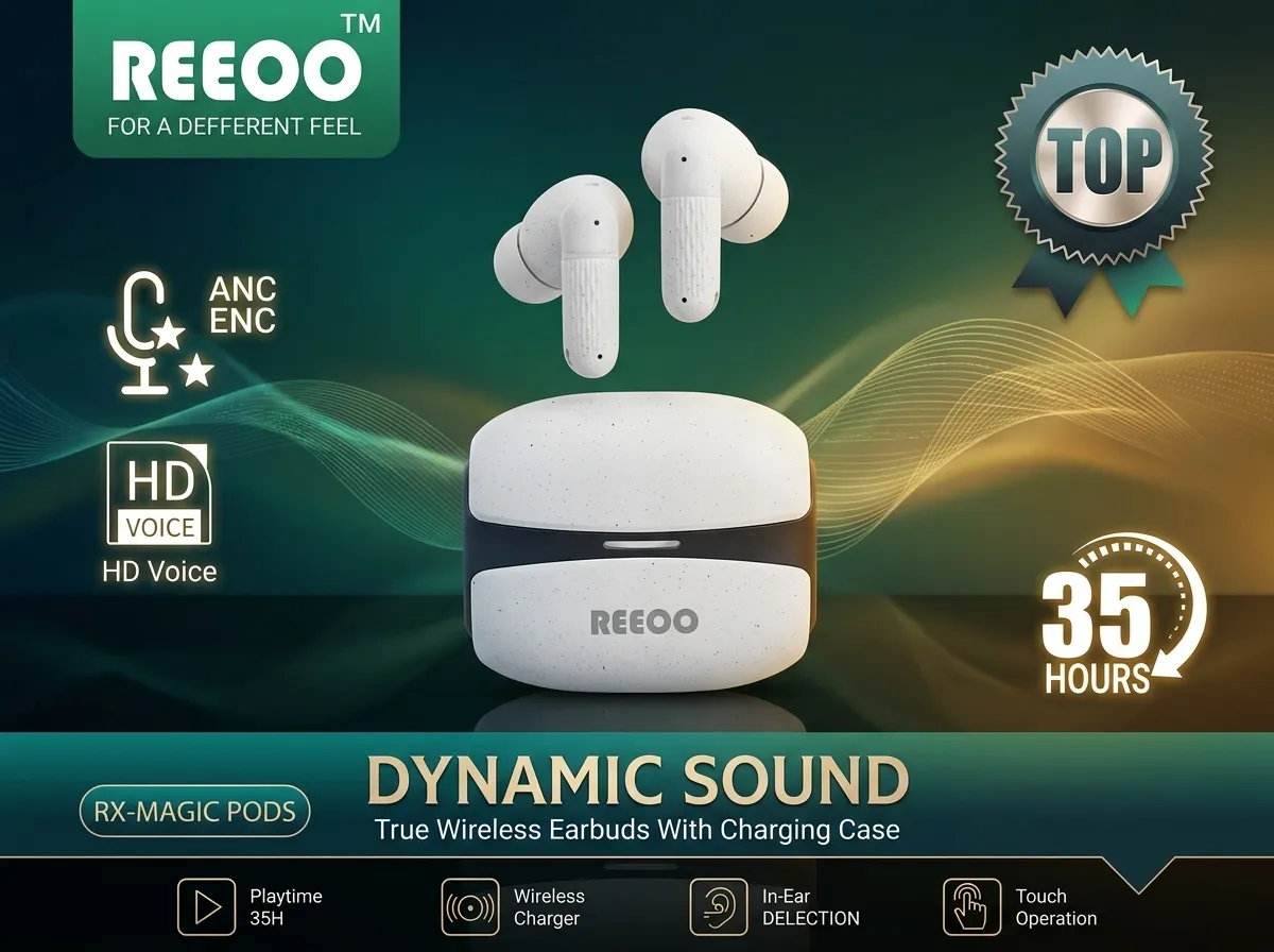 REEOO RX-MAGIC PODS-এর জন্য আকর্ষণীয় ও এসইও ফ্রেন্ডলি কন্টেন্ট নিচে দেওয়া হলো:  SEO ফ্রেন্ডলি টাইটেল REEOO RX-MAGIC PODS প্রিমিয়াম ট্রু ওয়্যারলেস ইয়ারবাডস – ANC ও ENC প্রযুক্তি, ৩৫ ঘণ্টা প্লে-টাইম এবং ডাইনামিক সাউন্ড